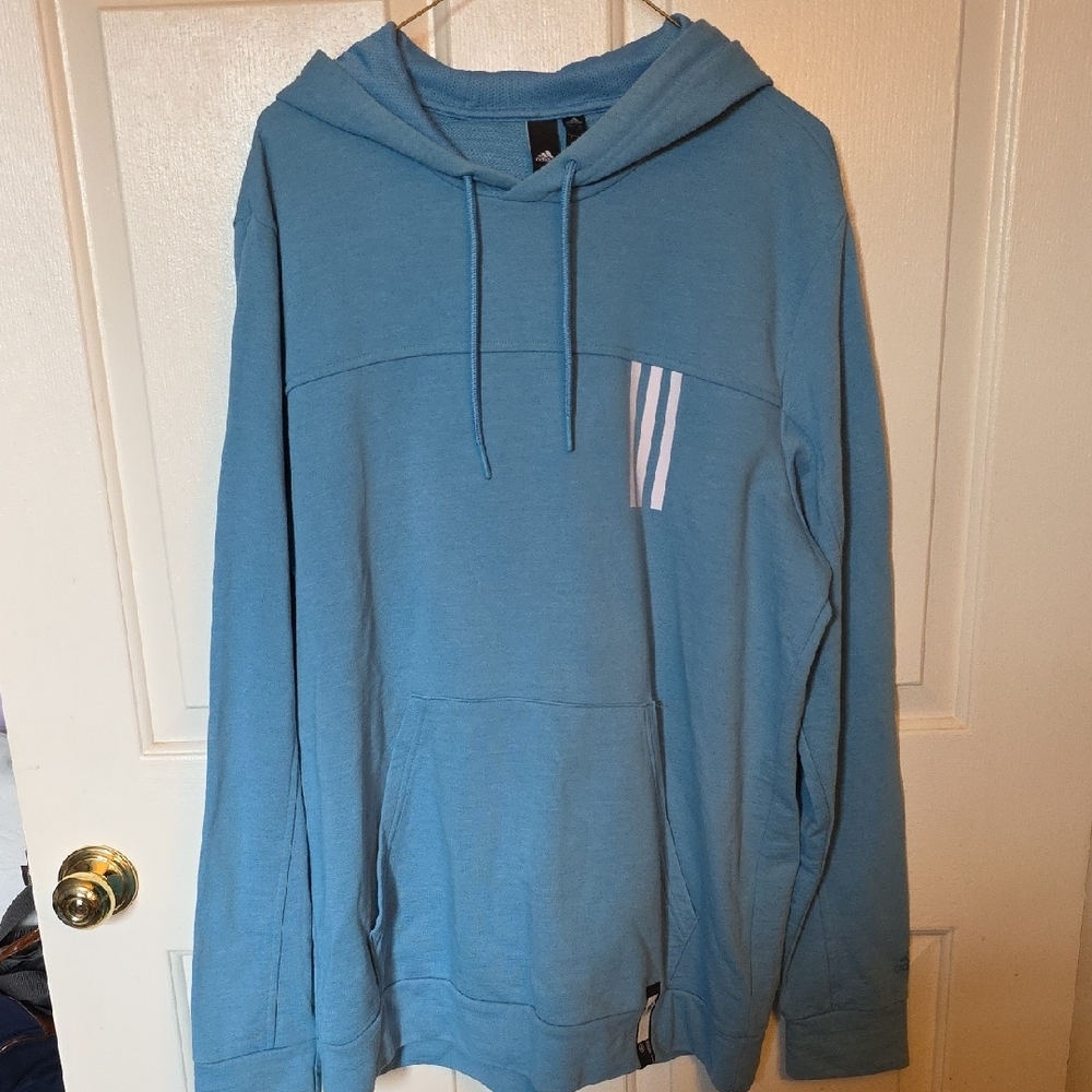 adidas Mens Light Blue Hoodie with White Accents, Large